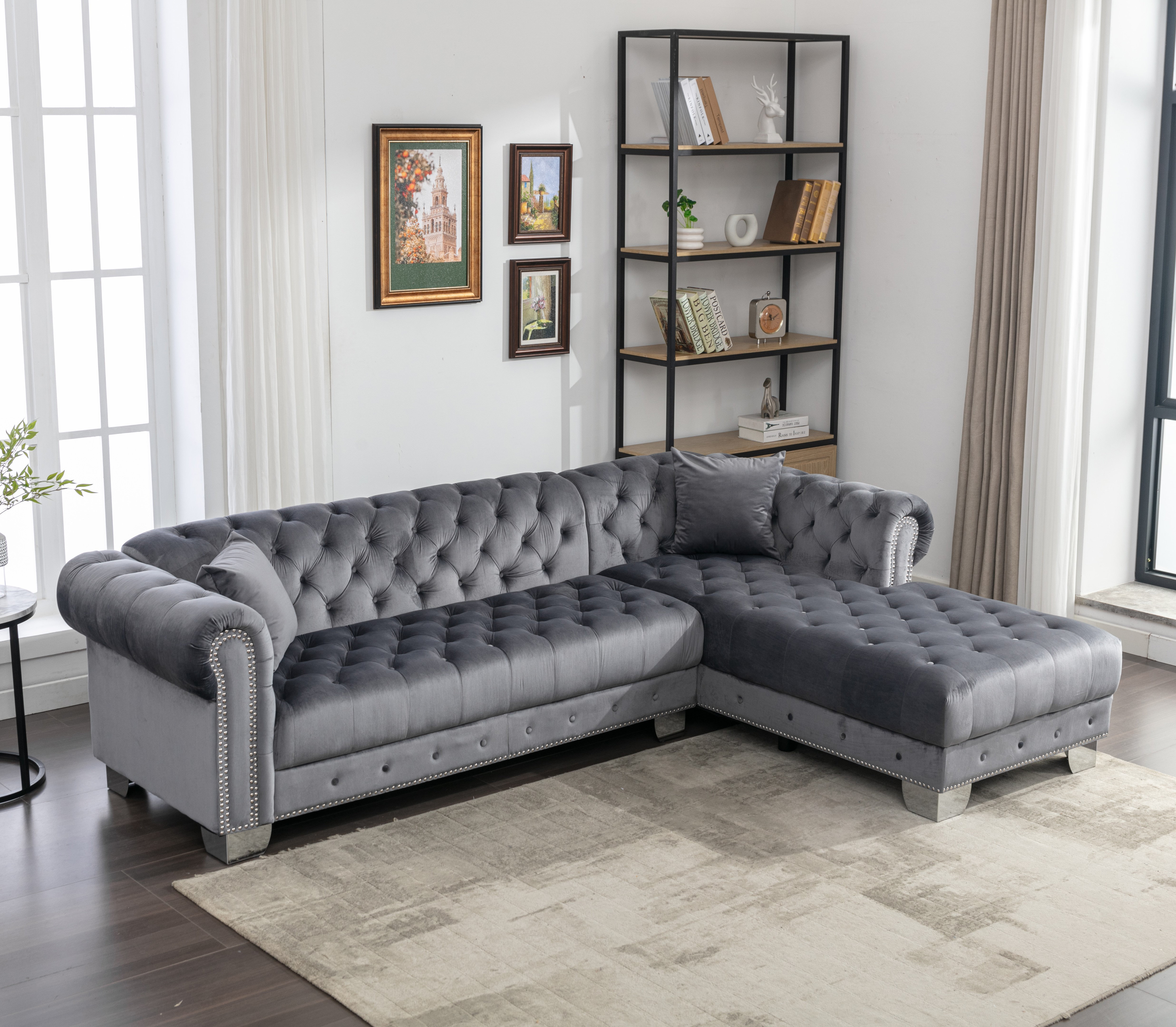 House of Hampton Joannette 112.6 Wide Traditional Tufted Sectional Sofa Chaise with Nail Trim 2 Pillows Reviews Wayfair